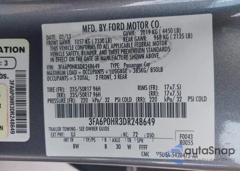 2013 Ford Fusion Se from USA, damaged, VIN 3FA6P0HR3DR248649